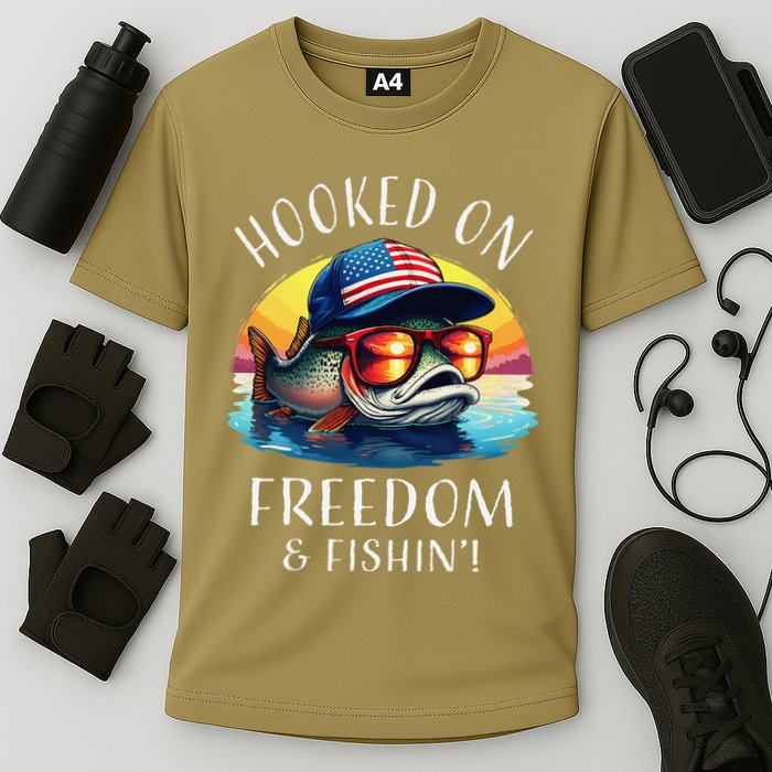 Hooked On Freedom Funny Fisherman Fishing Trout Usa Flag Cooling Performance Crew T-Shirt