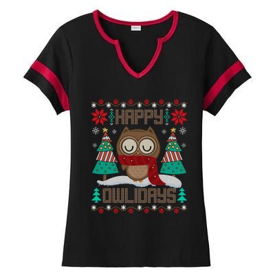 Happy Owlidays Funny Owl Ugly Christmas Sweaters Ladies Halftime Notch Neck Tee