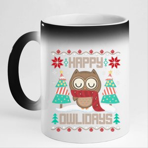 Happy Owlidays Funny Owl Ugly Christmas Sweaters 11oz Black Color Changing Mug