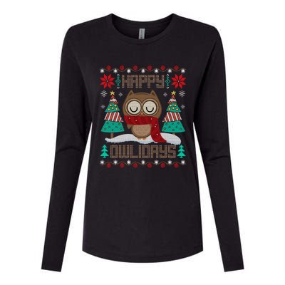 Happy Owlidays Funny Owl Ugly Christmas Sweaters Womens Cotton Relaxed Long Sleeve T-Shirt