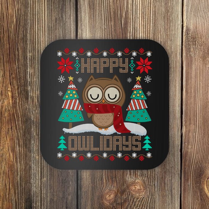 Happy Owlidays Funny Owl Ugly Christmas Sweaters Coaster