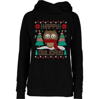 Happy Owlidays Funny Owl Ugly Christmas Sweaters Womens Funnel Neck Pullover Hood