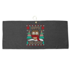 Happy Owlidays Funny Owl Ugly Christmas Sweaters Large Microfiber Waffle Golf Towel