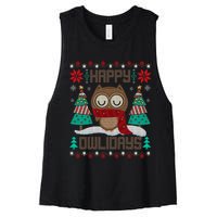 Happy Owlidays Funny Owl Ugly Christmas Sweaters Women's Racerback Cropped Tank