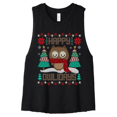 Happy Owlidays Funny Owl Ugly Christmas Sweaters Women's Racerback Cropped Tank