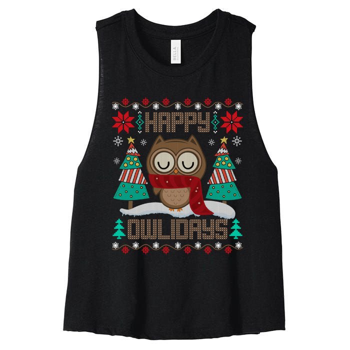 Happy Owlidays Funny Owl Ugly Christmas Sweaters Women's Racerback Cropped Tank