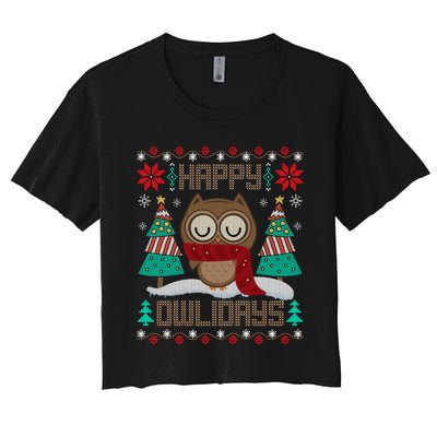 Happy Owlidays Funny Owl Ugly Christmas Sweaters Women's Crop Top Tee