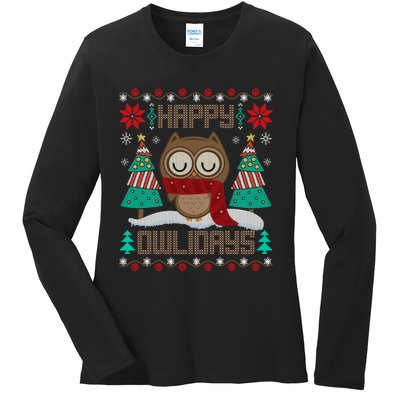 Happy Owlidays Funny Owl Ugly Christmas Sweaters Ladies Long Sleeve Shirt