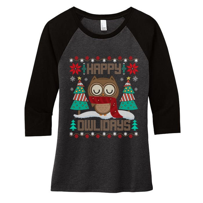 Happy Owlidays Funny Owl Ugly Christmas Sweaters Women's Tri-Blend 3/4-Sleeve Raglan Shirt