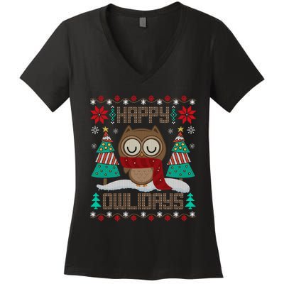 Happy Owlidays Funny Owl Ugly Christmas Sweaters Women's V-Neck T-Shirt