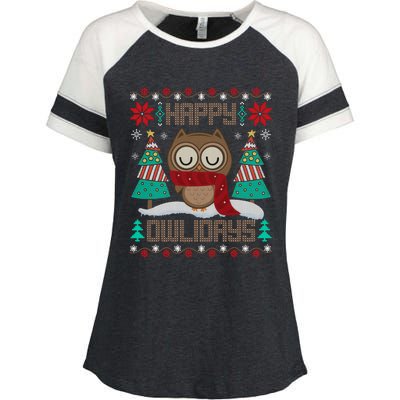 Happy Owlidays Funny Owl Ugly Christmas Sweaters Enza Ladies Jersey Colorblock Tee