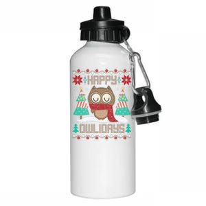 Happy Owlidays Funny Owl Ugly Christmas Sweaters Aluminum Water Bottle