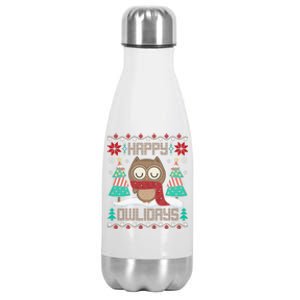 Happy Owlidays Funny Owl Ugly Christmas Sweaters Stainless Steel Insulated Water Bottle