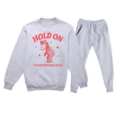 Hold On IM Overstimulated Funny Bear Meme Premium Crewneck Sweatsuit Set