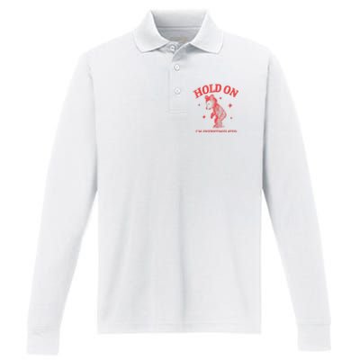 Hold On IM Overstimulated Funny Bear Meme Performance Long Sleeve Polo