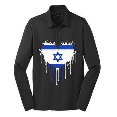 Heart Of Israel Flag I Stand With Israel Heritage Israeli Silk Touch Performance Long Sleeve Polo