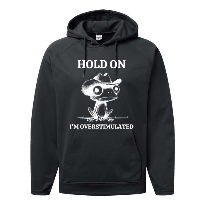 Hold On IM Overstimulated Frog Adhd And Anxiety Funny Frog Performance Fleece Hoodie