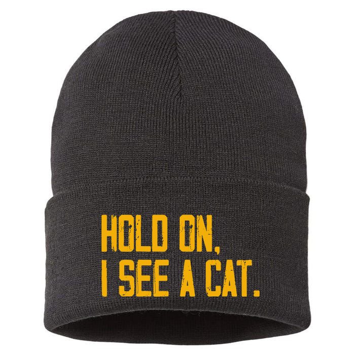 Hold On I See A Cat, Funny Cat Lovers Sarcastic Sayings Sustainable Knit Beanie