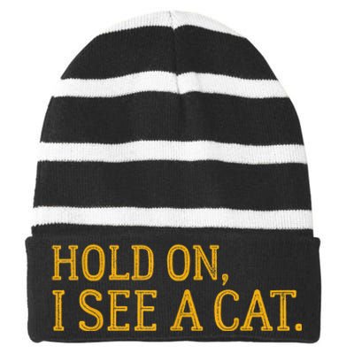 Hold On I See A Cat, Funny Cat Lovers Sarcastic Sayings Striped Beanie with Solid Band