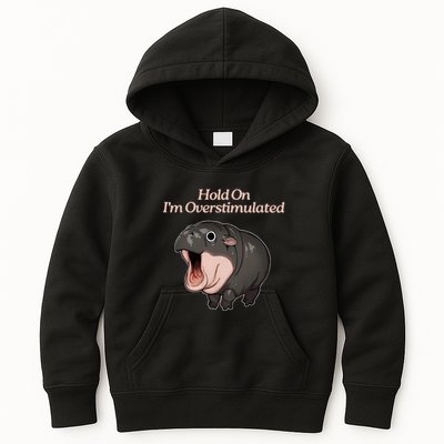 Hold On I_m Overstimulated Moo Deng Baby Hippo Moo Kids Hoodie