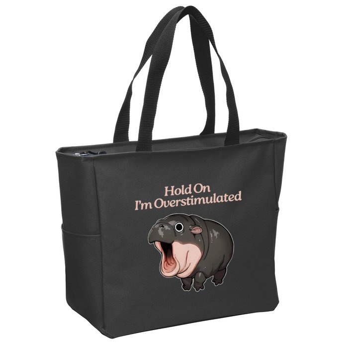 Hold On I_m Overstimulated Moo Deng Baby Hippo Moo Zip Tote Bag
