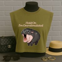 Hold On I_m Overstimulated Moo Deng Baby Hippo Moo Garment-Dyed Women's Muscle Tee