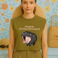 Hold On I_m Overstimulated Moo Deng Baby Hippo Moo Garment-Dyed Women's Muscle Tee