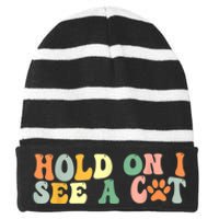 Hold On I See A Cat Funny Cat Lovers Sayings Valentines Day Striped Beanie with Solid Band