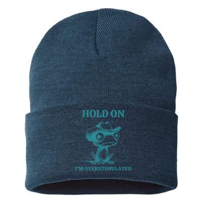 Hold On Im Overstimulated Frog Adhd And Anxiety Funny Frog Sustainable Knit Beanie