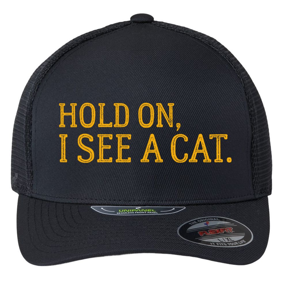 Hold On I See A Cat, Funny Cat Lovers Sarcastic Sayings Flexfit Unipanel Trucker Cap