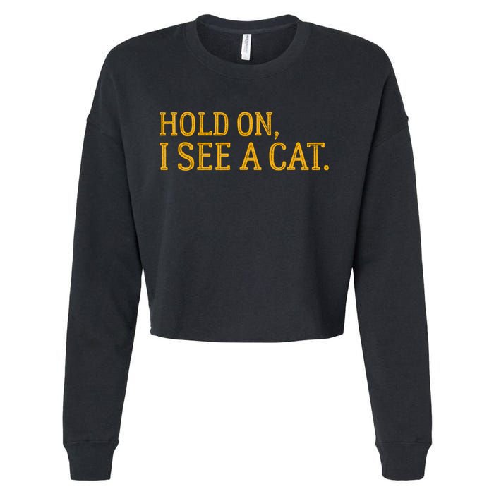 Hold On I See A Cat, Funny Cat Lovers Sarcastic Sayings Cropped Pullover Crew