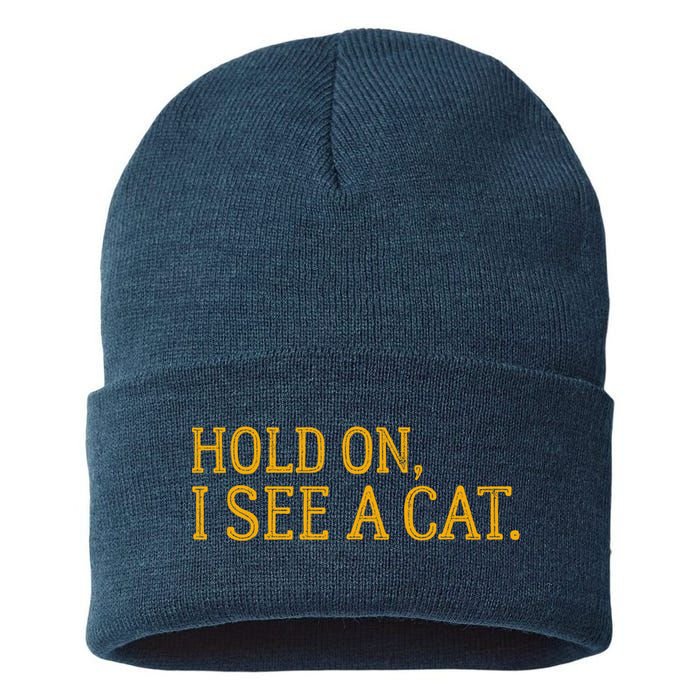 Hold On I See A Cat, Funny Cat Lovers Sarcastic Sayings Sustainable Knit Beanie