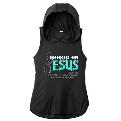 Hooked On Jesus Funny Fishing Ladies PosiCharge Tri-Blend Wicking Draft Hoodie Tank