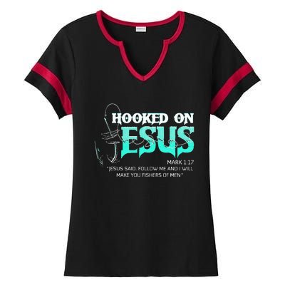 Hooked On Jesus Funny Fishing Ladies Halftime Notch Neck Tee