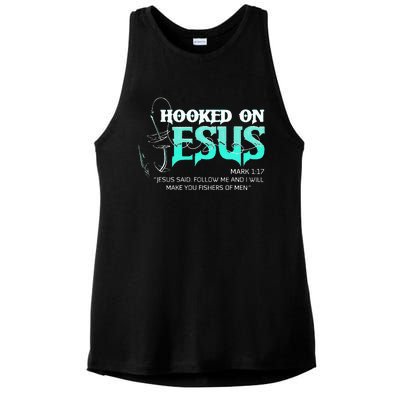 Hooked On Jesus Funny Fishing Ladies PosiCharge Tri-Blend Wicking Tank