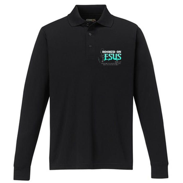 Hooked On Jesus Funny Fishing Performance Long Sleeve Polo