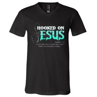 Hooked On Jesus Funny Fishing V-Neck T-Shirt