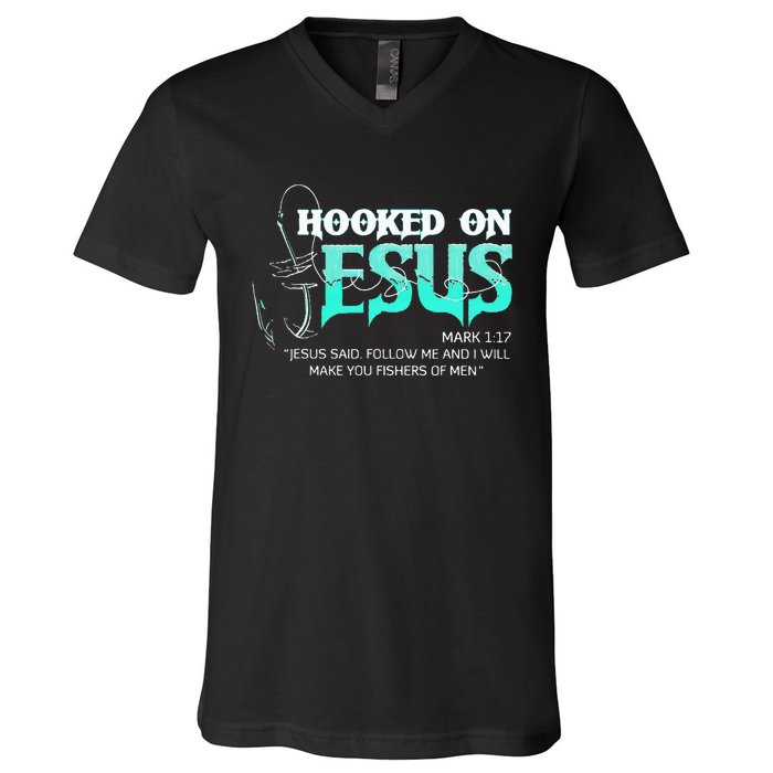 Hooked On Jesus Funny Fishing V-Neck T-Shirt