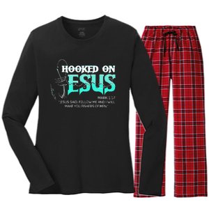 Hooked On Jesus Funny Fishing Women's Long Sleeve Flannel Pajama Set 