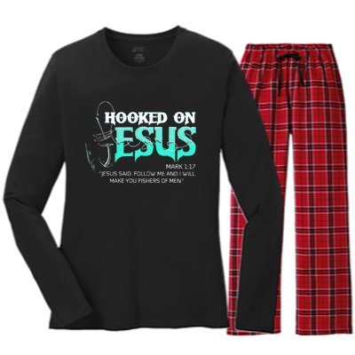 Hooked On Jesus Funny Fishing Women's Long Sleeve Flannel Pajama Set 