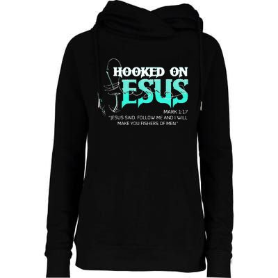 Hooked On Jesus Funny Fishing Womens Funnel Neck Pullover Hood