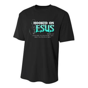 Hooked On Jesus Funny Fishing Youth Performance Sprint T-Shirt