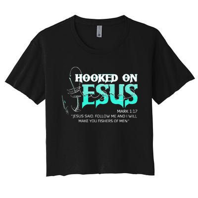 Hooked On Jesus Funny Fishing Women's Crop Top Tee