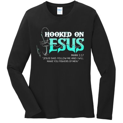 Hooked On Jesus Funny Fishing Ladies Long Sleeve Shirt