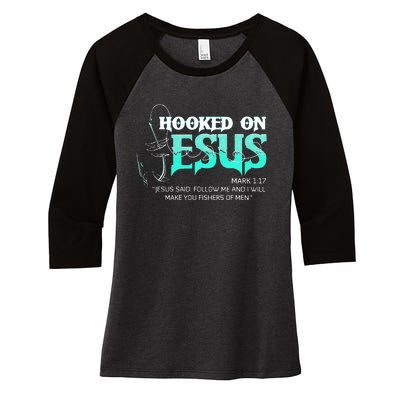 Hooked On Jesus Funny Fishing Women's Tri-Blend 3/4-Sleeve Raglan Shirt