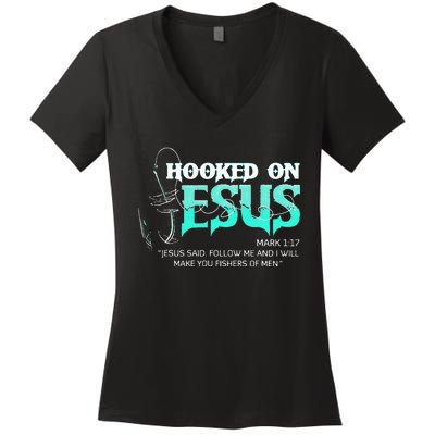 Hooked On Jesus Funny Fishing Women's V-Neck T-Shirt