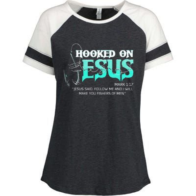 Hooked On Jesus Funny Fishing Enza Ladies Jersey Colorblock Tee