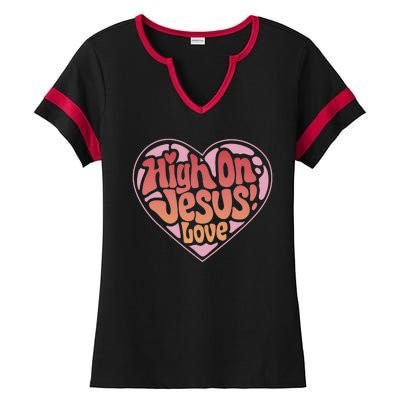 High On Jesus Love Heart Christian Ladies Halftime Notch Neck Tee