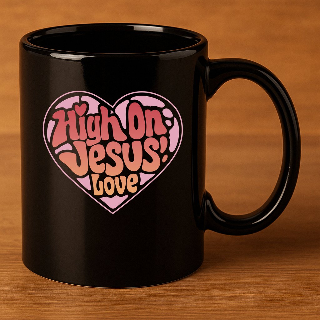 High On Jesus Love Heart Christian 11oz C Handle Ceramic Mug