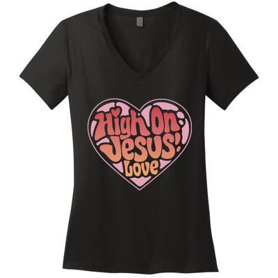 High On Jesus Love Heart Christian Women's V-Neck T-Shirt